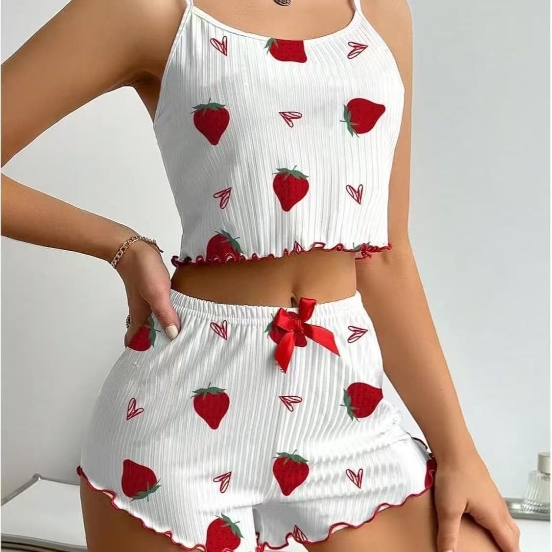 Women's Summer Pajama Set Fashion Strawberry Print Sweet Suspenders Shorts Two-Piece Set for European and American Cross-Border Foreign Trade