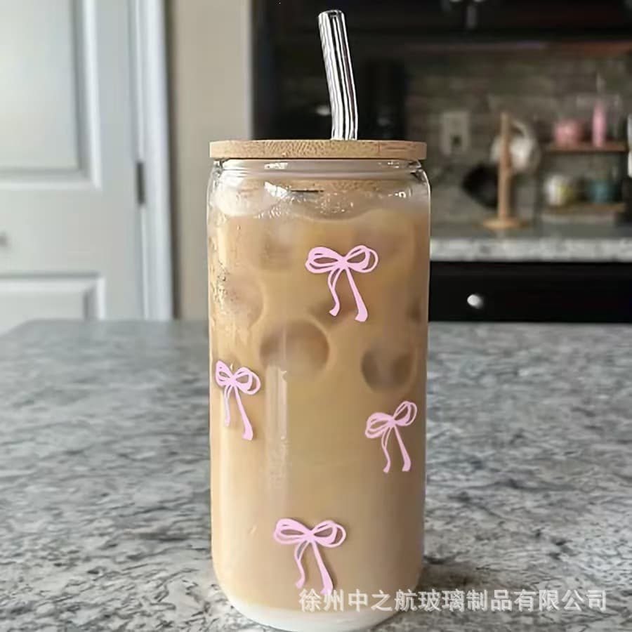 Cross-border 16oz bamboo lid Coke cup high borosilicate glass straw cup high appearance transparent milk tea drink juice cup