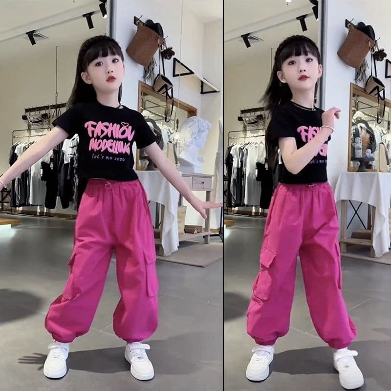 Girls Short Sleeve Cargo Pants Two-Piece Set Trendy Street Style 2026 Summer for Big Kids T-Shirt and Pants