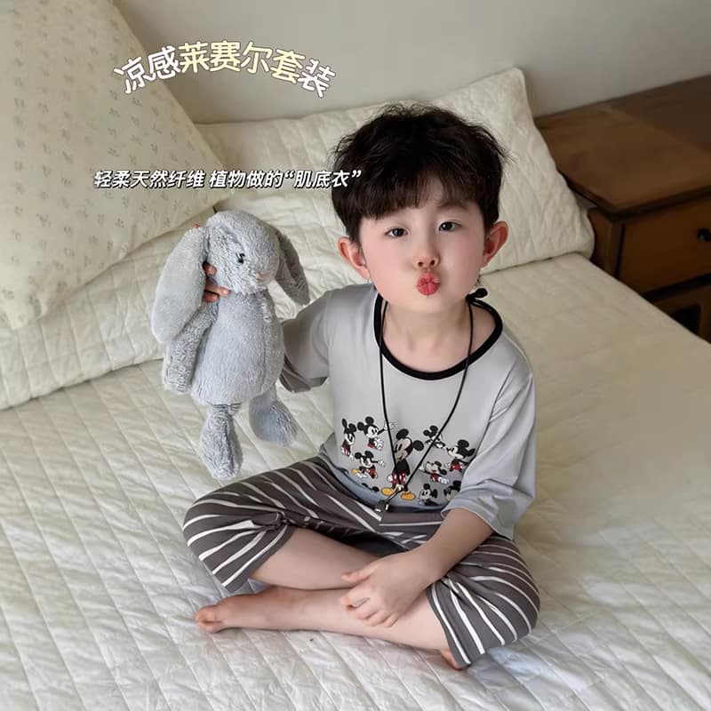 Anmeiya Kids' Pajama Set with Three-Quarter Sleeves and Pants, Summer Air Conditioning Wear, Tencel Lyocell Casual Loungewear