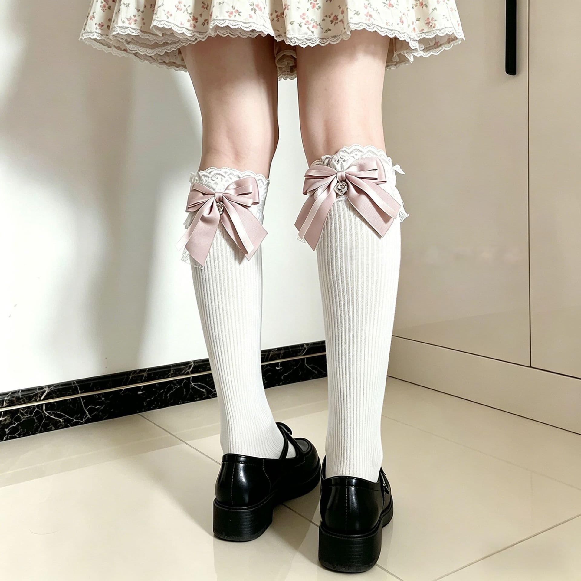 Japanese Spring/Summer Lolita Knee-High Socks with Lace, Large Bow, Slimming Cotton Over-the-Knee Socks for Women
