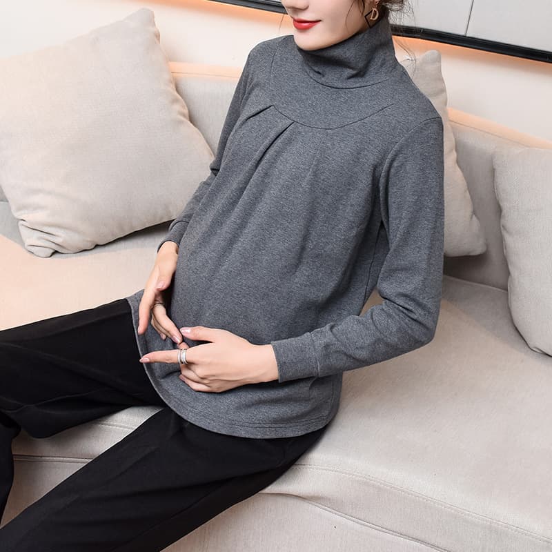 Yunshiba Autumn/Winter Maternity Long-Sleeve Top Base Layer, Loose Fleece-Lined Warm Maternity High-Neck or Round-Neck T-Shirt 3008