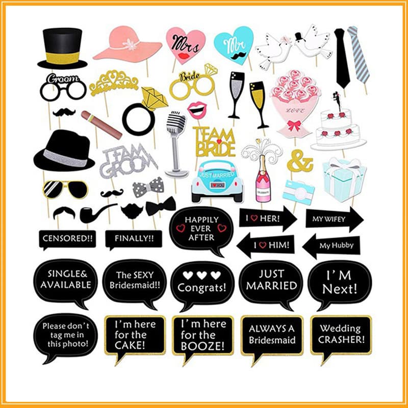 Bride to Be & Groom Photo Props 52-Piece Set, Gold Glitter Wedding Photo Props for Bachelor Party