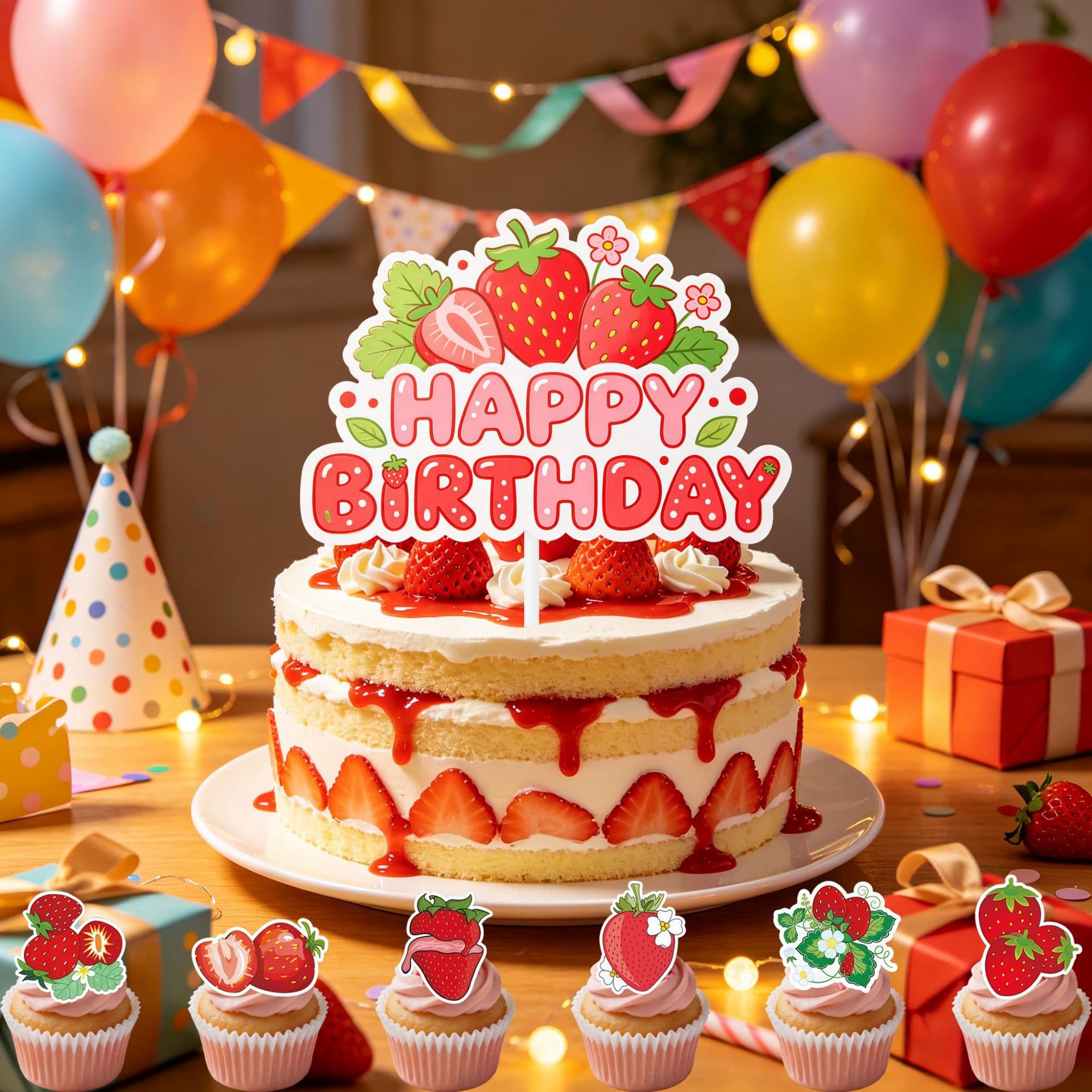 New Strawberry Fruit Birthday Party Decorative Banner Balloon Background Cloth Cake Topper Strawberry Party Supplies