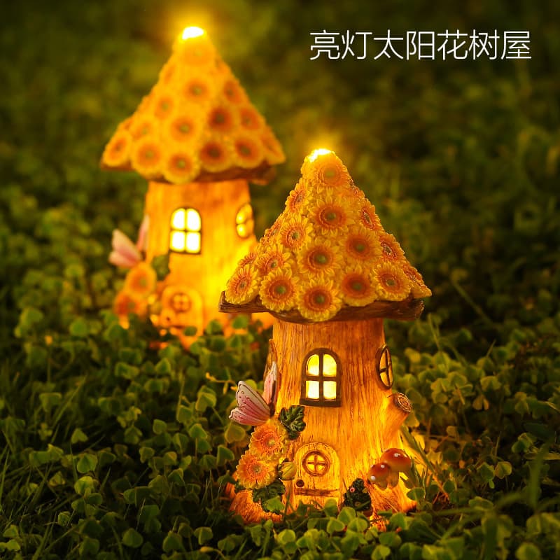Custom Solar-Powered Light-Up Sunflower Treehouse Garden Courtyard Resin Ornament Outdoor Landscape Decoration