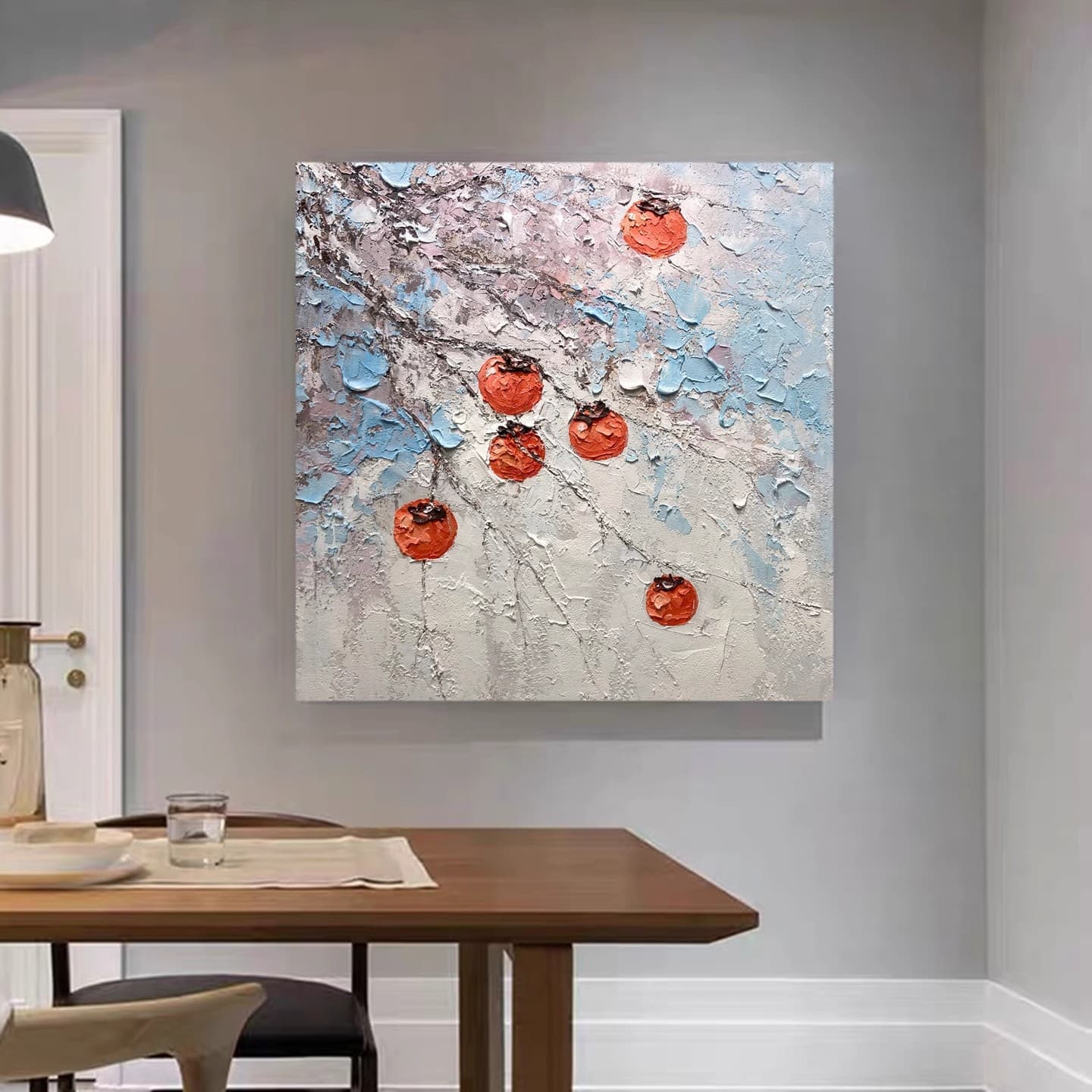 Hand-painted persimmon oil painting restaurant decorative square painting "Everything Goes Well" cream style living room sofa background wall hanging