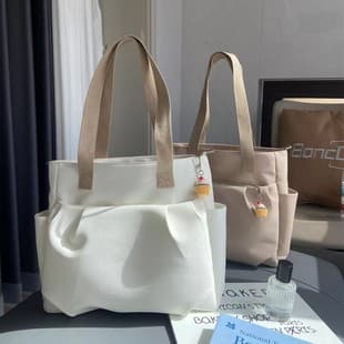 Original handmade Japanese-style artistic zipper canvas tote bag for commuting, casual versatile student simple handbag and shoulder bag
