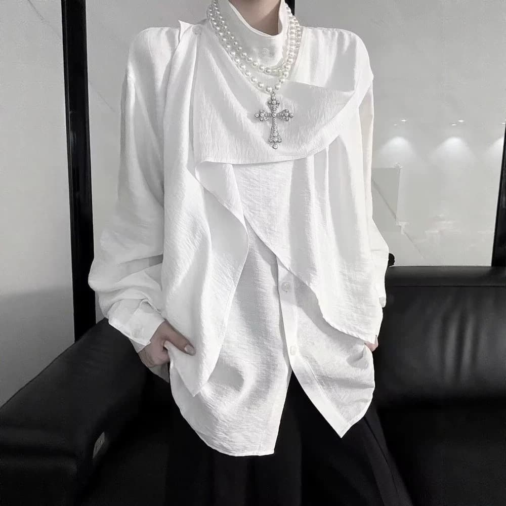 Chinese high-end splicing ribbon scarf long-sleeved shirt for men and women French stand-up collar neutral Hepburn style shirt jacket