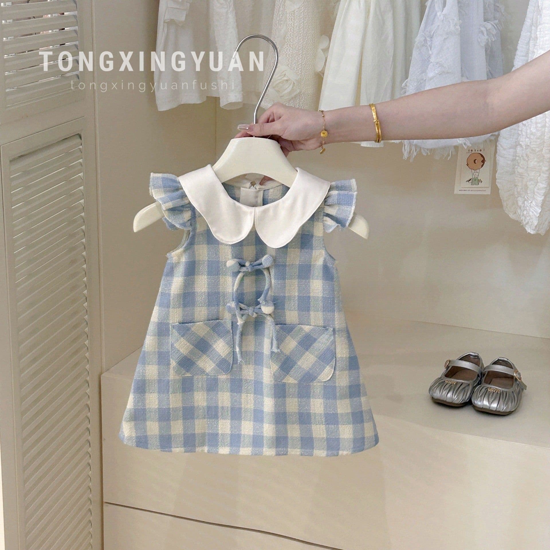 Tongxingyuan Girl's French Style Dress Summer Western Style Children's Blue Plaid Vest Dress Girl's Sweet Princess Dress