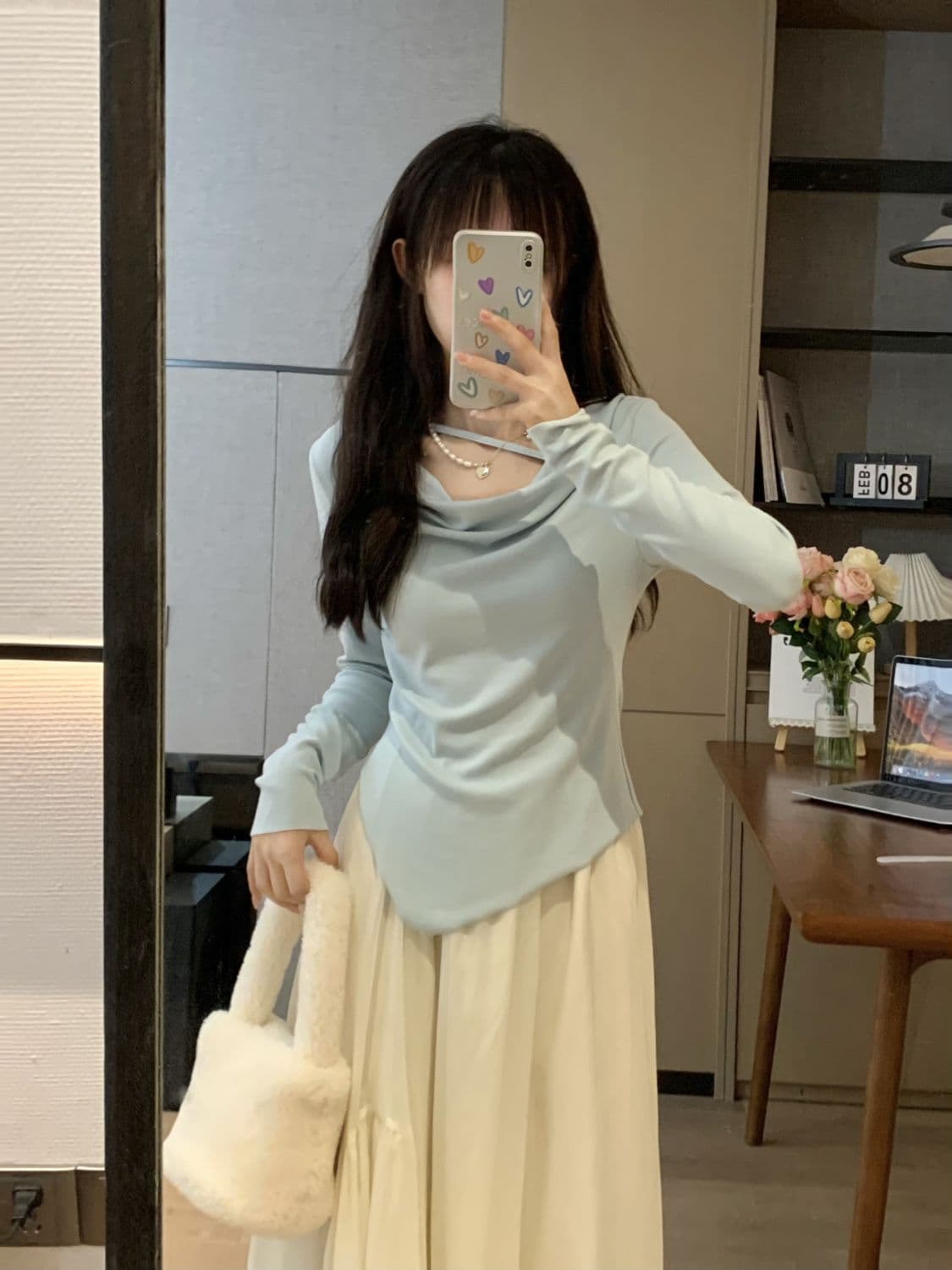 Sweet style high-waist slimming hip-concealing tulle skirt half-skirt set for women, early autumn irregular slim-fit long-sleeve top.