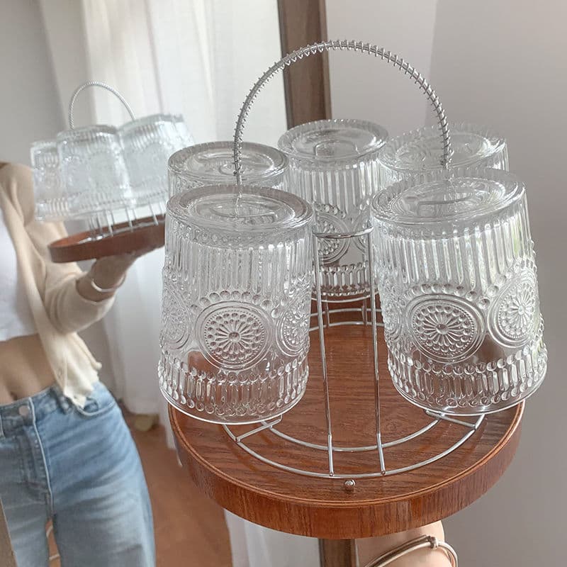 6-piece set of embossed glass cups and water bottles with cup holders, suitable for home and family use, heat-resistant coffee cups, with a sophisticated, natural aesthetic.