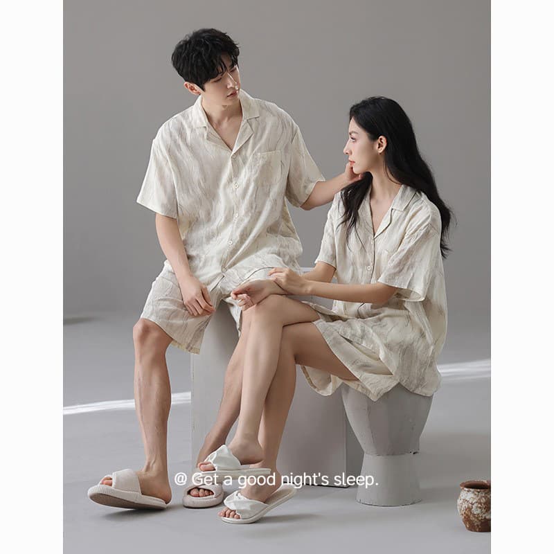 [Bamboo Fiber] Summer Couple Pajamas Bamboo Cotton Wabi-Sabi Style Breathable Cool Pajamas Women's Short Sleeve Men's Home Clothes Summer