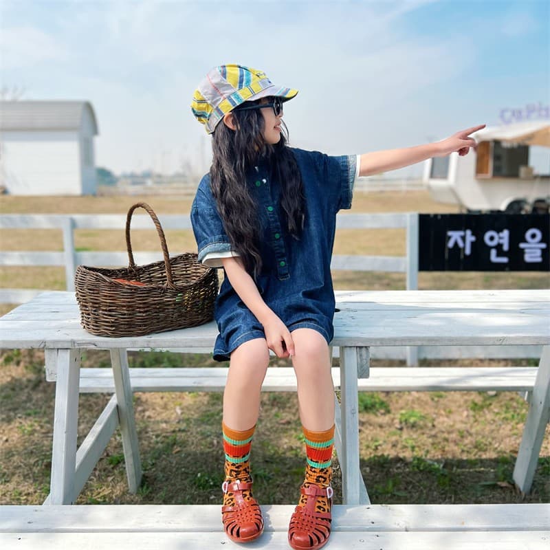 2026Ss Spring/Summer Girls' Japanese Style Parent-Child Embroidered Badge Denim Dress Short Sleeve Shirt Long Dress A-Line Dress