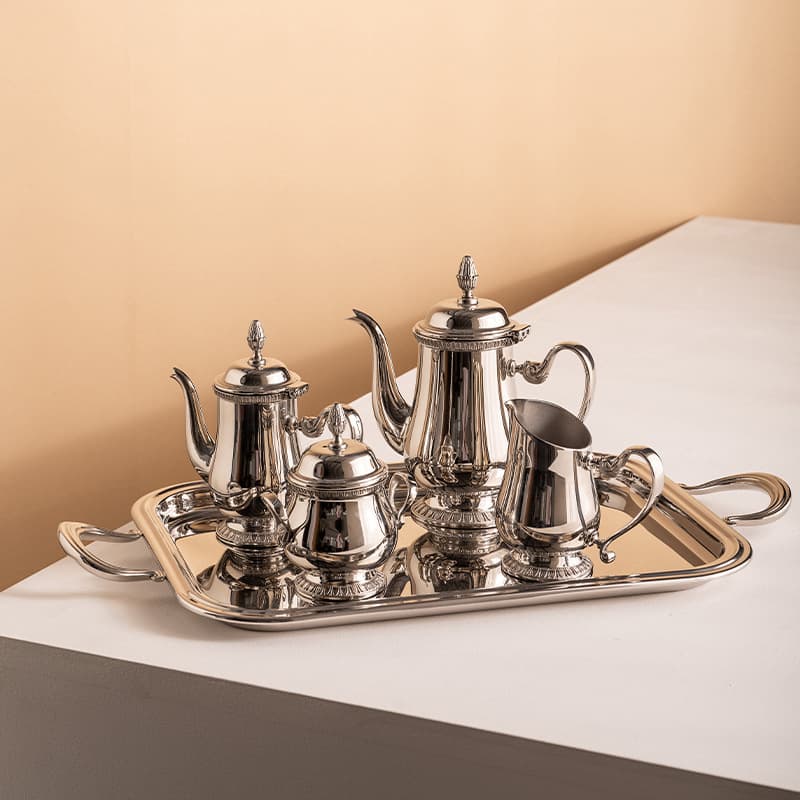 European Style Stainless Steel Teapot Afternoon Tea Coffee Pot Milk Jug Sugar Canister Tray Set Model House Decorative Ornament