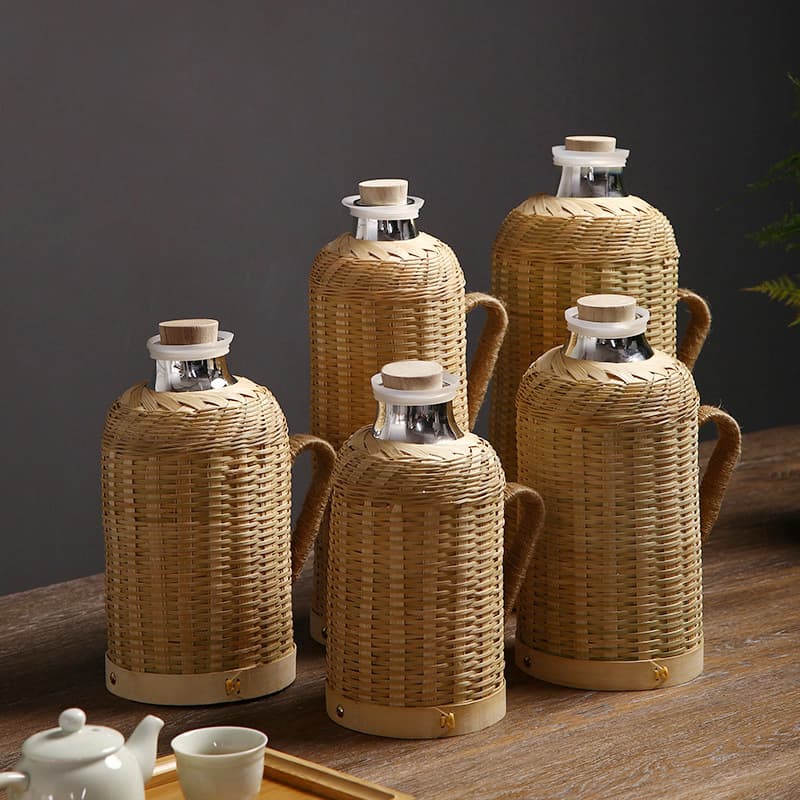 Bamboo Woven Household Traditional Cork Stopper Kettle, Tea Room Office Insulated Bottle, Glass Lined Hot Water Pot