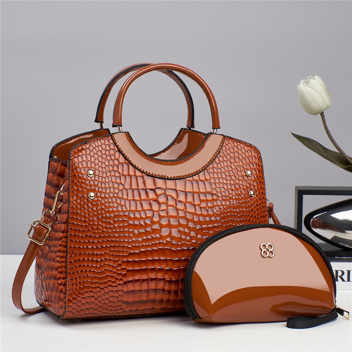 Handbag Snake Print Mother-Child Bag Patent Leather Birkin Style Fashion Shoulder Crossbody Bag Cross-border Trade Women's Bags