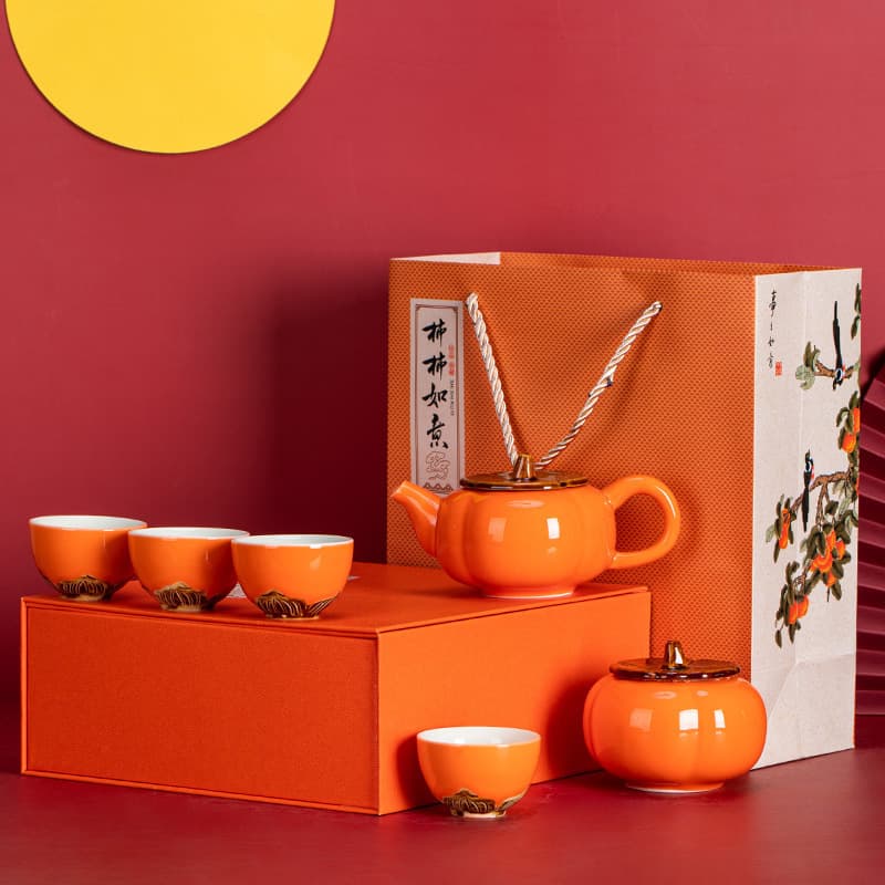 Persimmon Ceramic Kung Fu Tea Set Gift Box with Persimmon Tea Canister, Airtight Tea Storage Jar, Creative Souvenir Gift