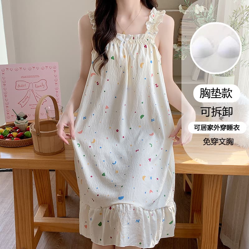 Nightgown for women summer suspenders new style princess style light luxury pure desire sweet lace with chest pad simple home wear 106