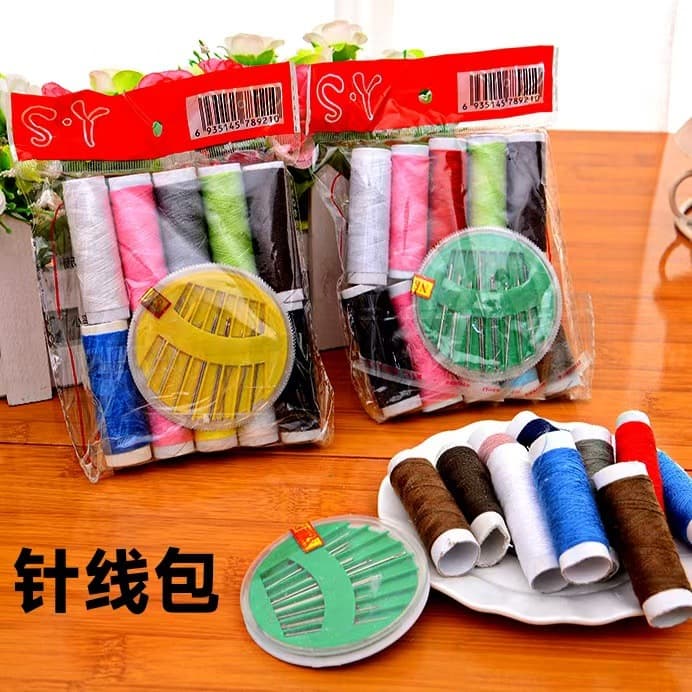 Two-Dollar Store Sewing Kit with 10 Thread Spools and Needles, Mending and Storage Pouch Combo