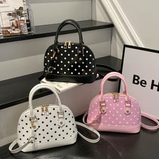 Kebidou Original New Polka Dot Bag, Handheld Crossbody Casual Black and White Shell Bag, Niche Design Sense, Glossy Patent Leather