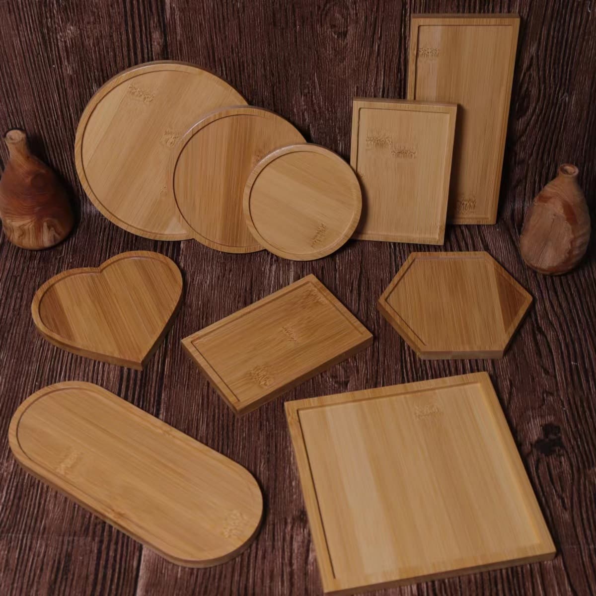 Enamel base blanks: nanmu bamboo tray coasters, rectangular and round ornament plates, hand-carved and hollowed-out for DIY.