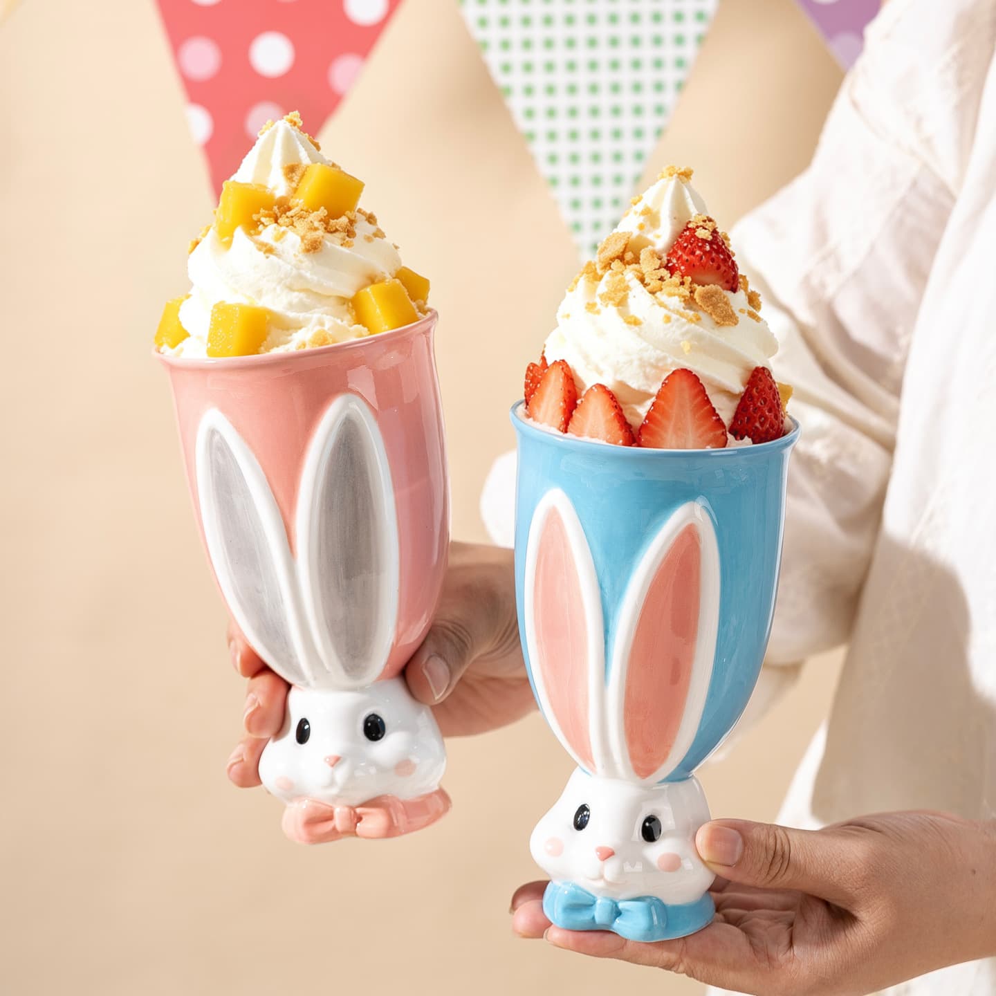 Rabbit tall ceramic ice cream cup, cute hand-painted three-dimensional hand-squeezed mug, irregular large-capacity coffee cup