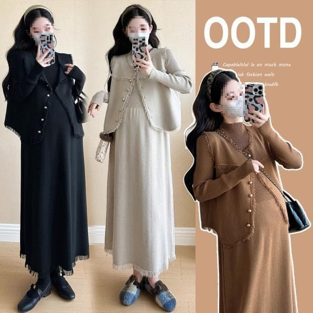 Autumn/Winter New Fashionable Chanel-Style Maternity Vest + Dress Two-Piece Set