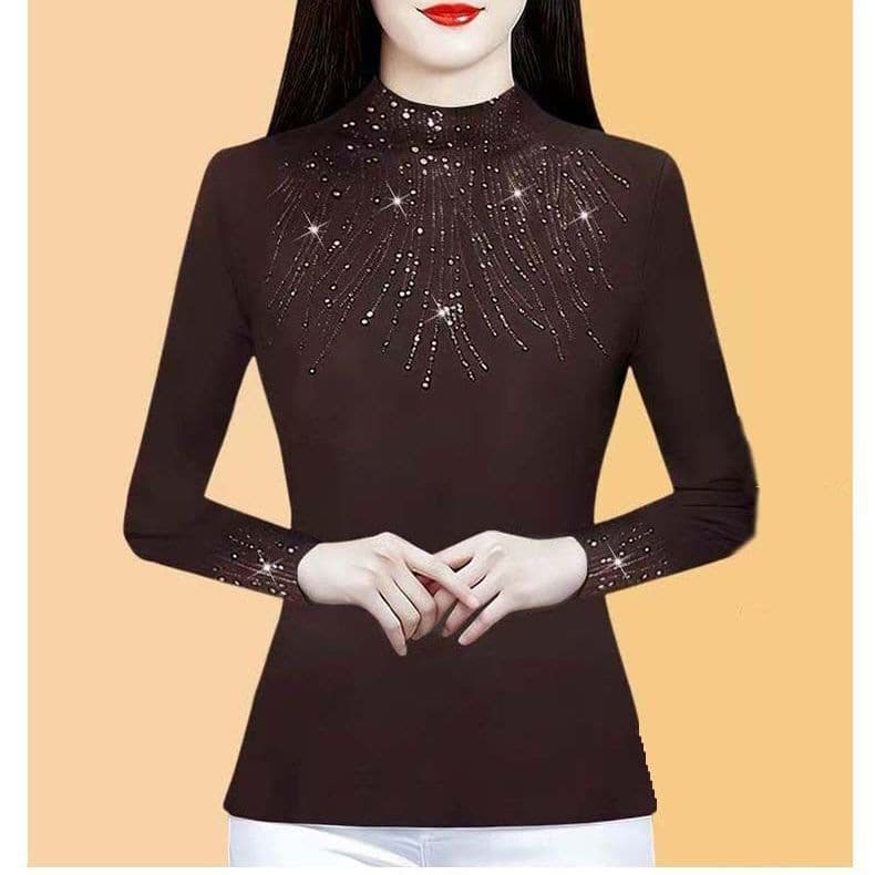 Autumn/Winter New Style Semi-High Neck Solid Color Rhinestone-Bedded Base Layer, Plus Size Tummy-Covering Youthful Chic Top for Mothers