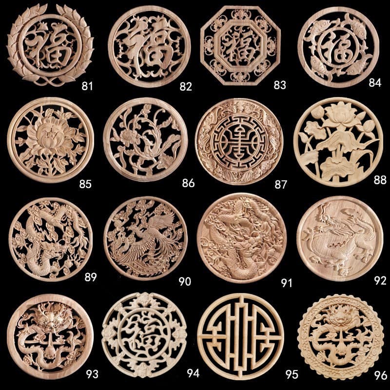 Solid Wood Carved Chinese Style Applique Peony Decorative Round Flower with Dragon and Phoenix Auspicious Pattern, Lotus and Fu Character Round Disc, Round Solid Wood Flower