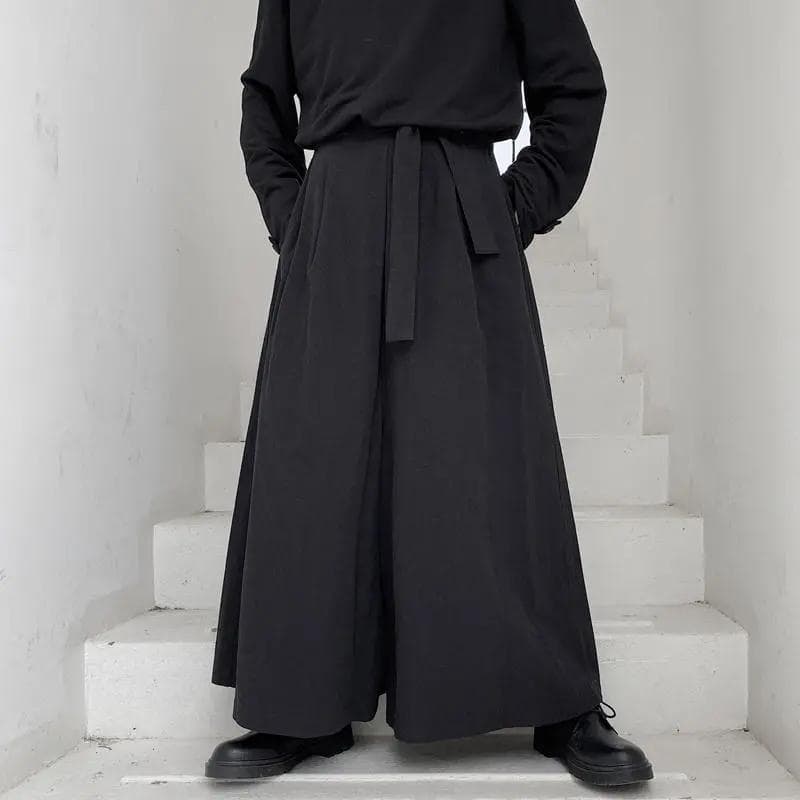 Men's High Waist Wide Leg Pants Dark Samurai Style Casual Long Trousers Retro Design Belted Cuffed Solid Color Spring Summer