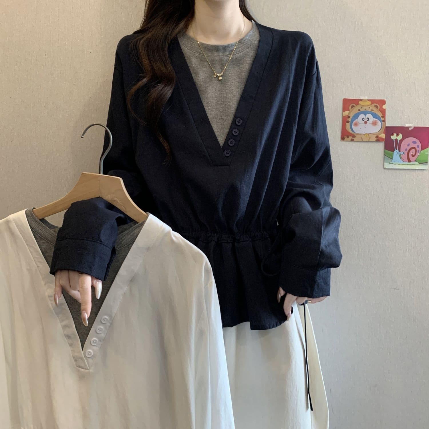 Plus Size Women's Clothing for Curvy MM, Design-Focused Niche Autumn Fake Two-Piece Long-Sleeve Shirt, Loose Fit Slimming Top