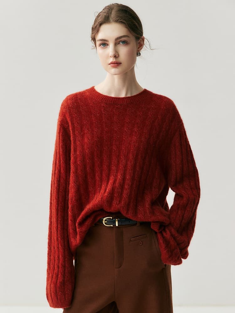 Korean style all-over cable knit round neck loose slimming thick cashmere knit base layer sweater pullover inner layer