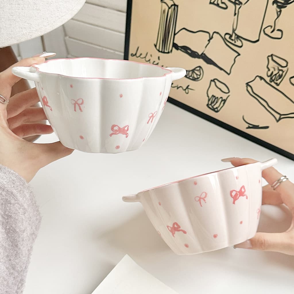 Girls Bow Ceramic Bowl and Spoon Set Underglaze Color High Aesthetic Ins Style Tableware Rice Bowl Dessert Bowl Ceramic Dinnerware Set