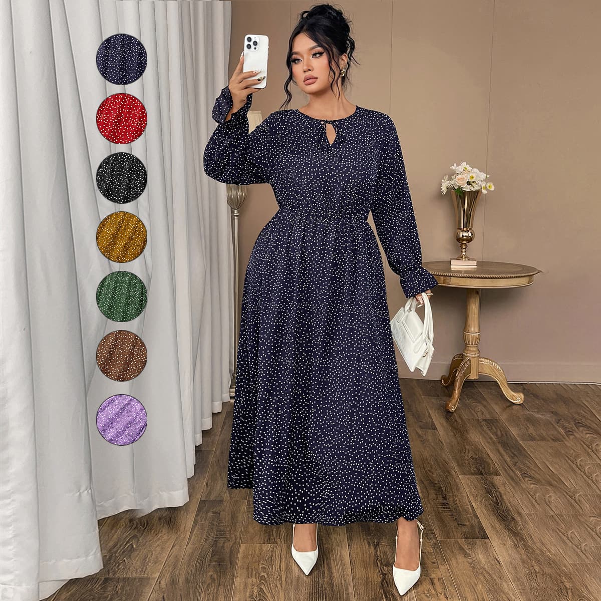 Amazon European and American Style Cross-Border Foreign Trade Plus-Size Women's Dress 2026 Polka Dot Loose Long-Sleeve Dress for Plus-Size Women