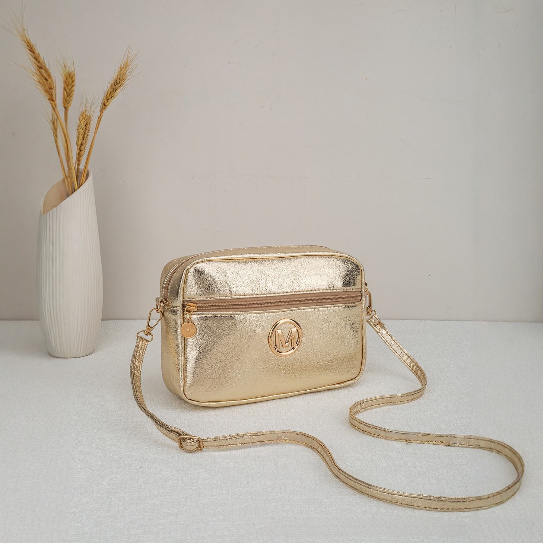 2026 New Gold Shiny Crossbody Bag for Women Fashion M Logo Small Square Bag Versatile Shoulder Bag Small Square Bag