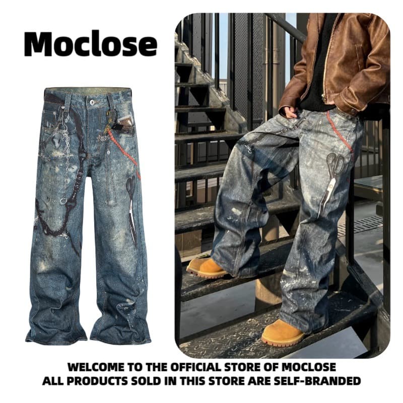 Moclose American Vintage Retro 3D Scissors Digital Print Unisex Loose Straight Leg Washed Denim Pants
