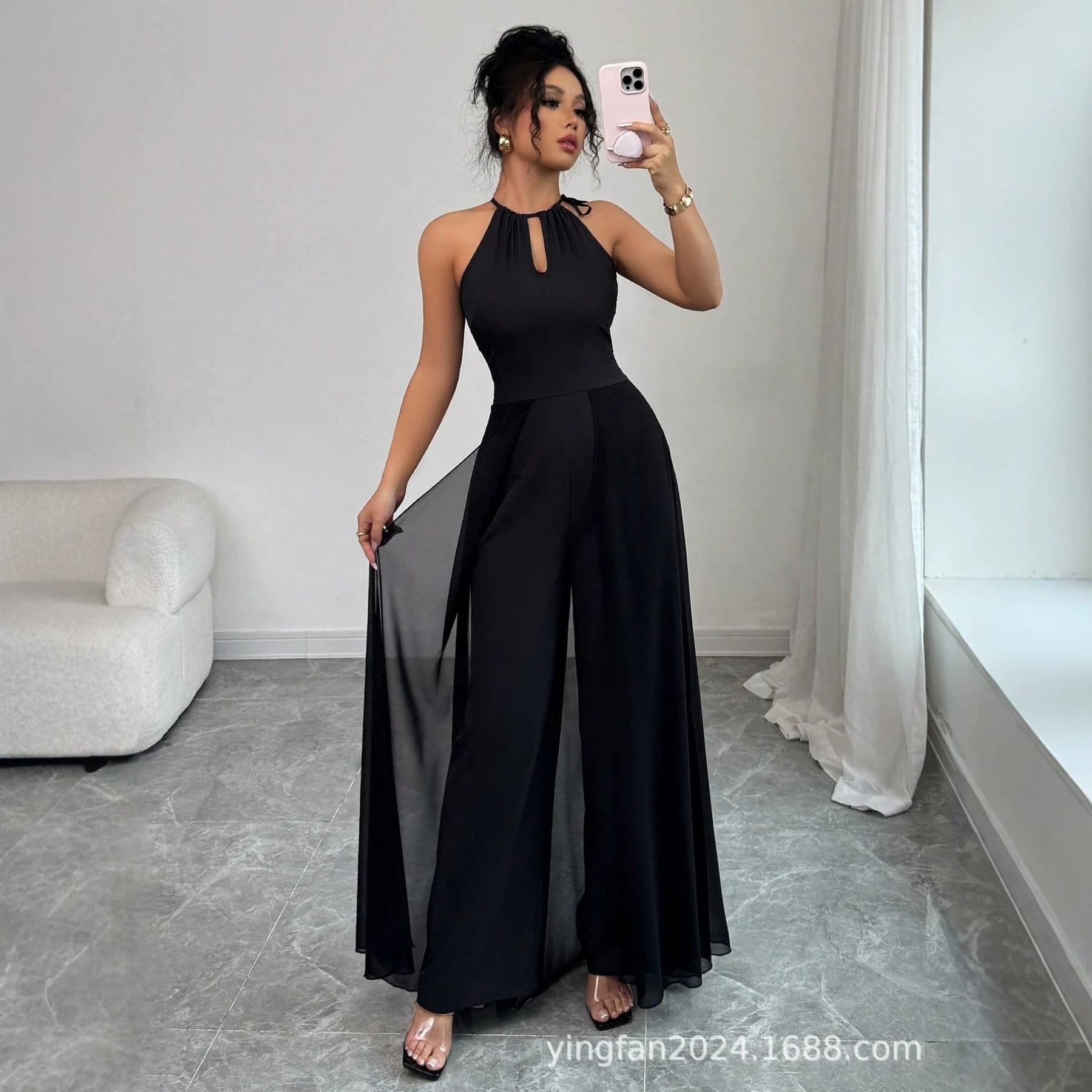 Amazon TikTok Pinduoduo Cross-border Trade Black Mesh Patchwork Wide-leg Jumpsuit for Europe and America
