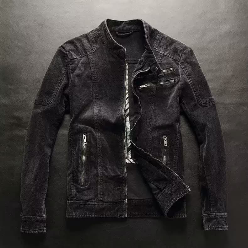 Autumn and winter new men's denim jacket European and American casual retro slim fit stand-up collar zipper jacket cycling motorcycle wear trendy