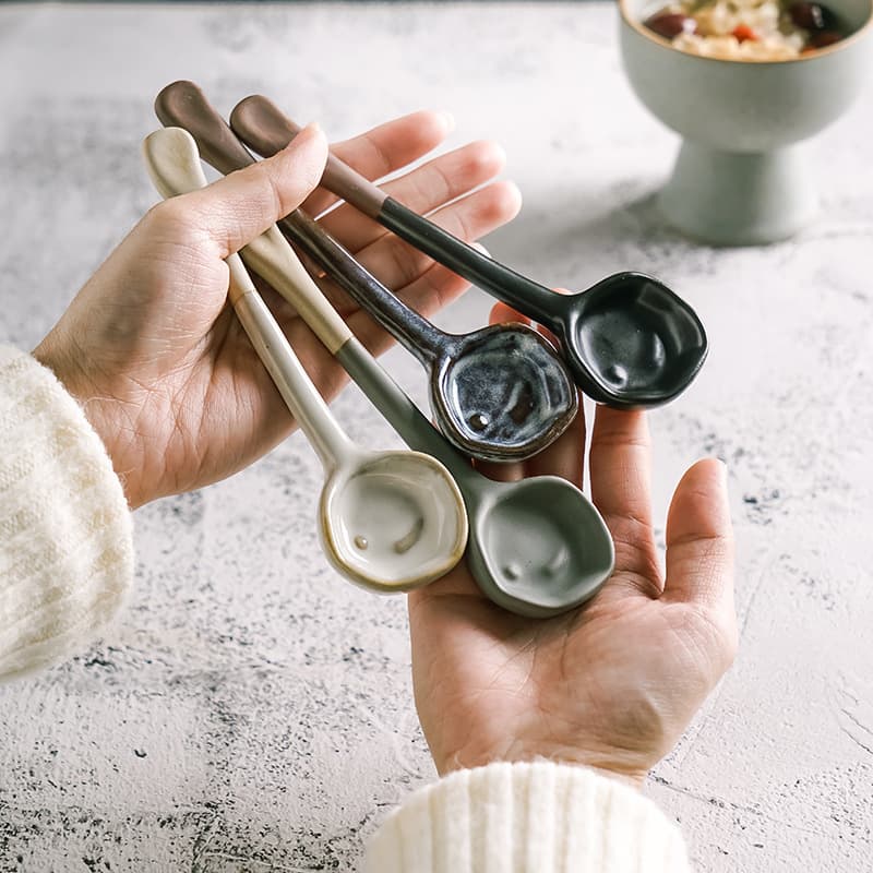 Ceramic Heat-Resistant Coffee Spoon Long Handle Retro Japanese Clay Seasoning Stirring Spoon Wholesale Coarse Pottery Handmade Ins Style Small