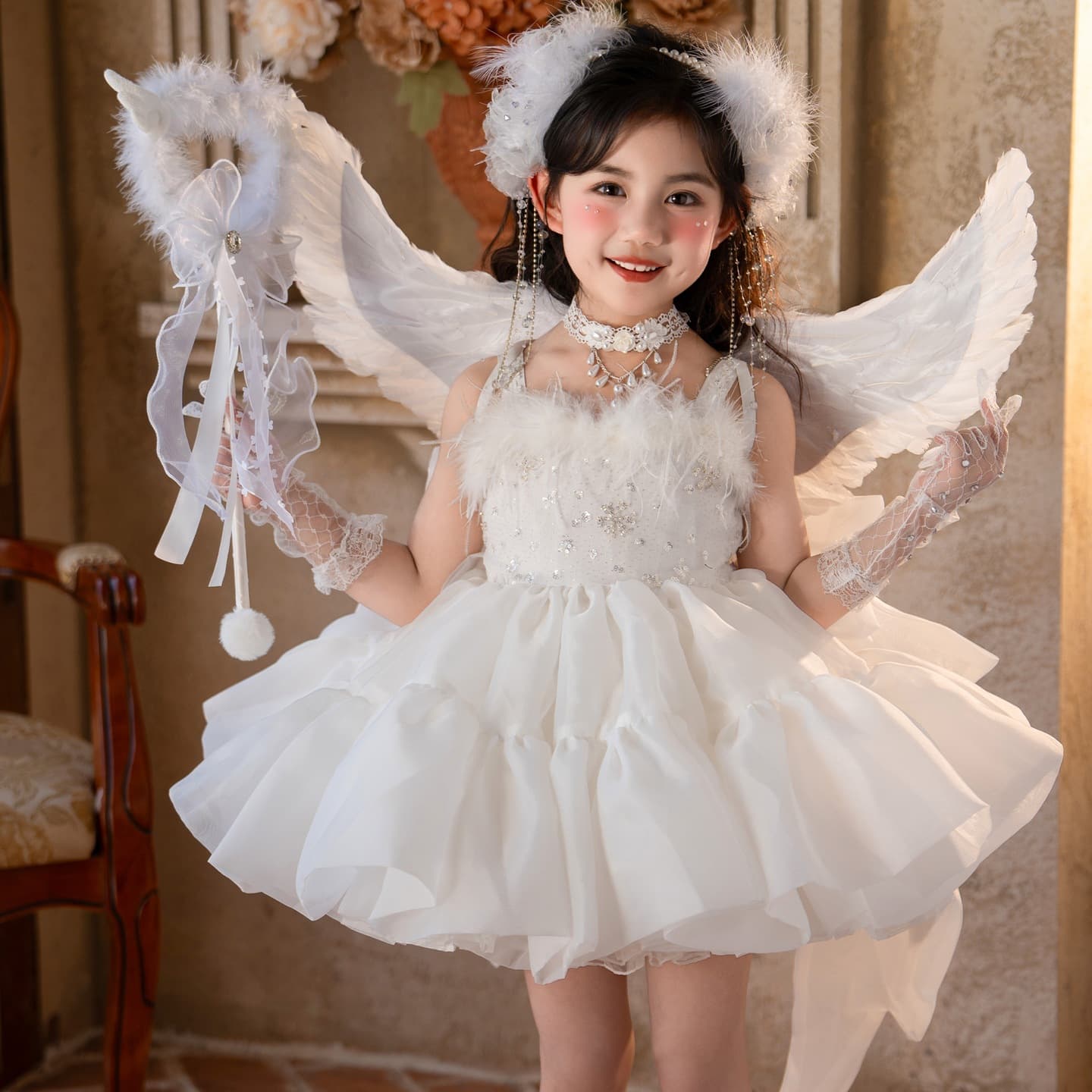 Girls Lolita Princess Dress Children's Beautiful Wedding Dress Girl Birthday Dress White Swan Angel Feather Tutu Dress