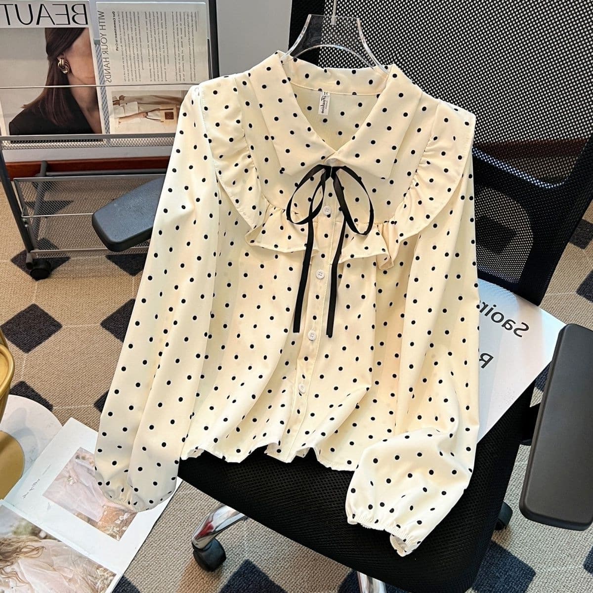 French Style 2026 New Arrival Ruffle Polka Dot Shirt with Bow Tie Spring New Long Sleeve Top
