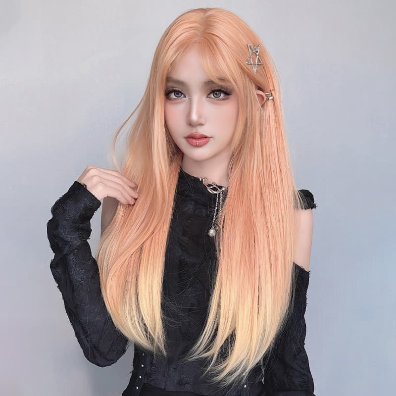 Women's Long Straight Lace Front Wig Orange Lemon Gradient Hair Top Korean New Style One-Character Hand Woven Hair