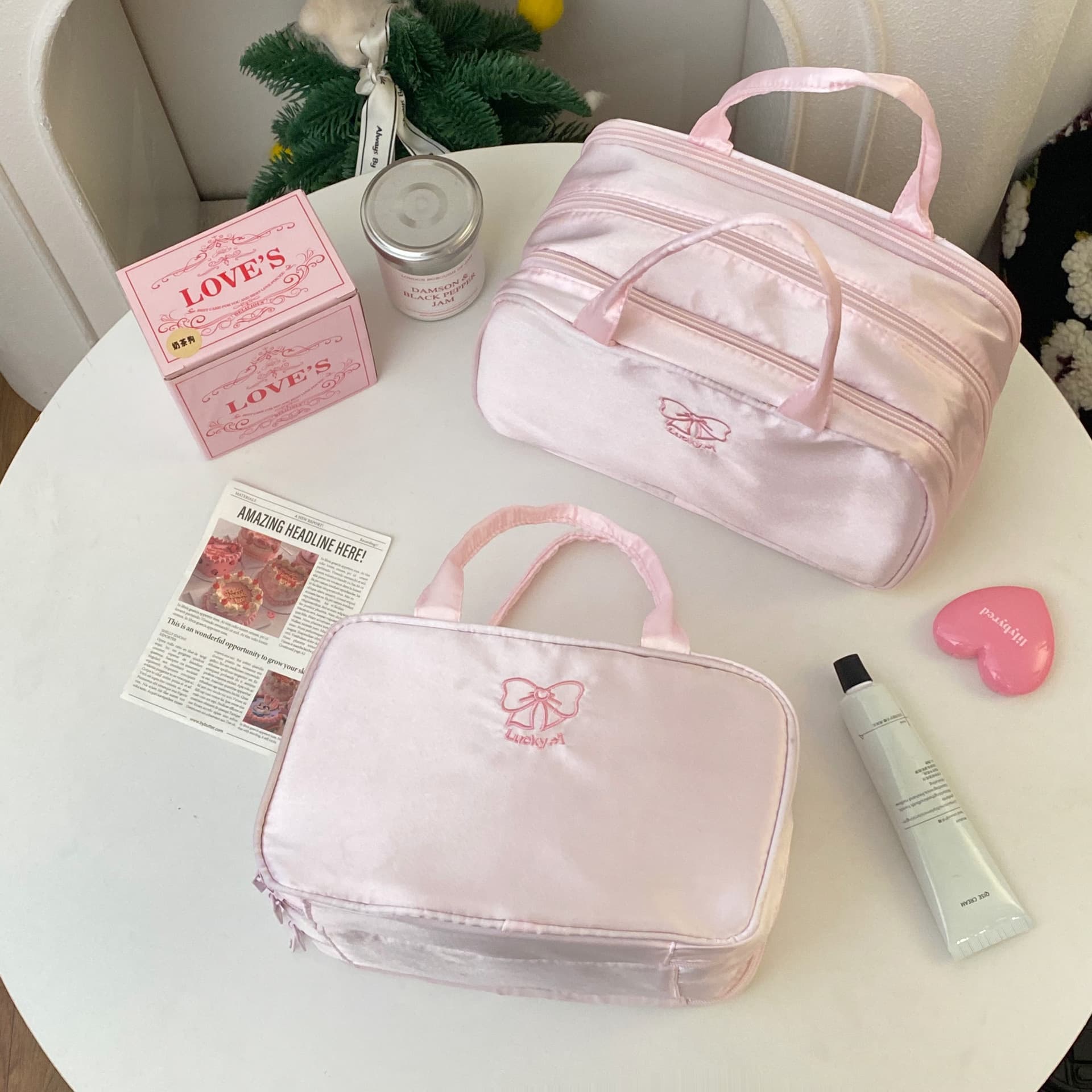 Girl Pink Three-Layer Cosmetic Bag Large Capacity Travel Makeup Organizer Portable Handheld Cosmetic Pouch