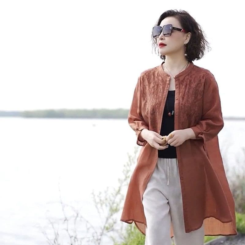 Vintage Embroidered Cotton-Linen Cardigan Blouse for Women, Mid-Length 2026 Summer, Sun Protection, Air Conditioning Jacket, Casual Coat