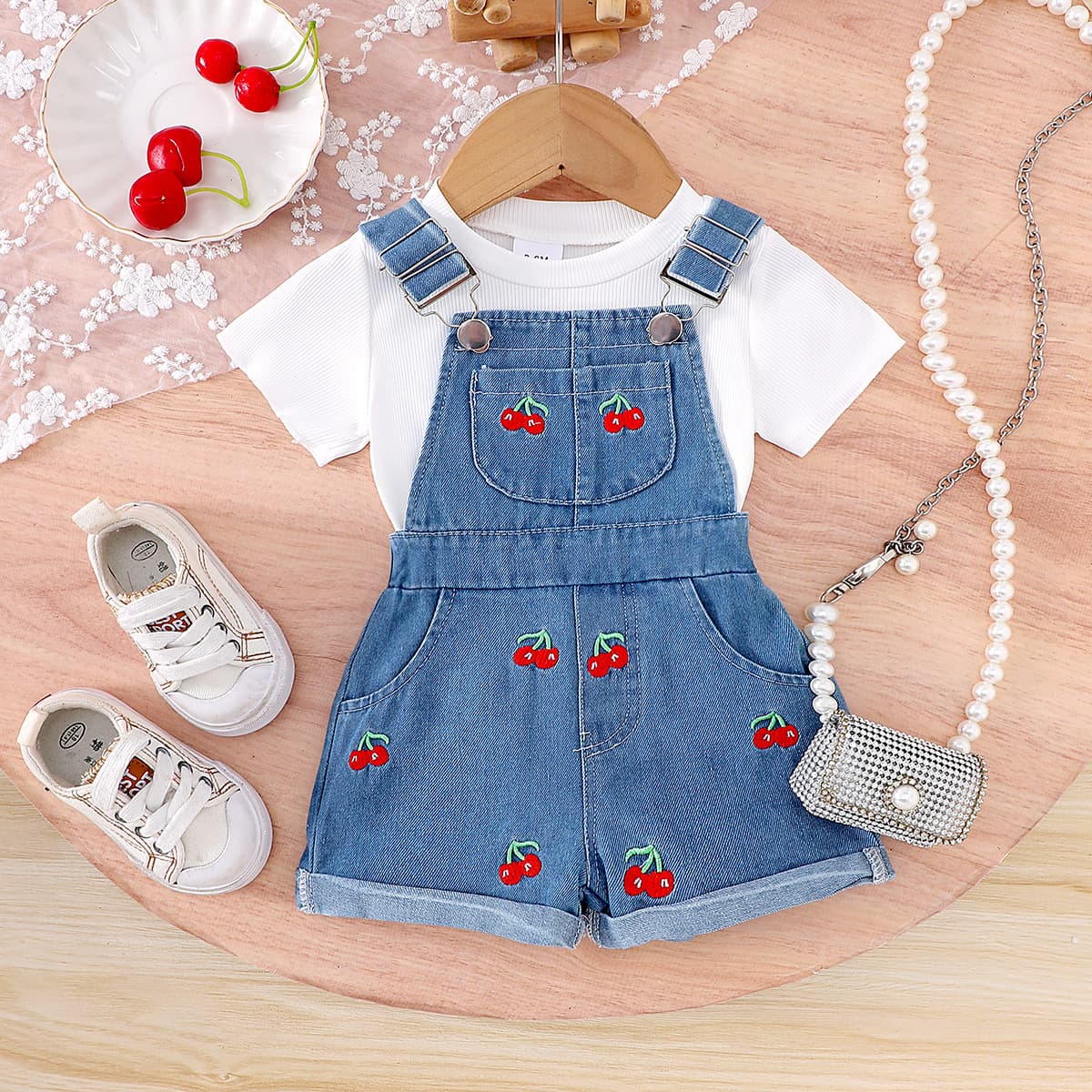 European and American Baby Kids Set White Short Sleeve T-Shirt + Cherry Retro Denim Overalls Two-Piece Fashion Style