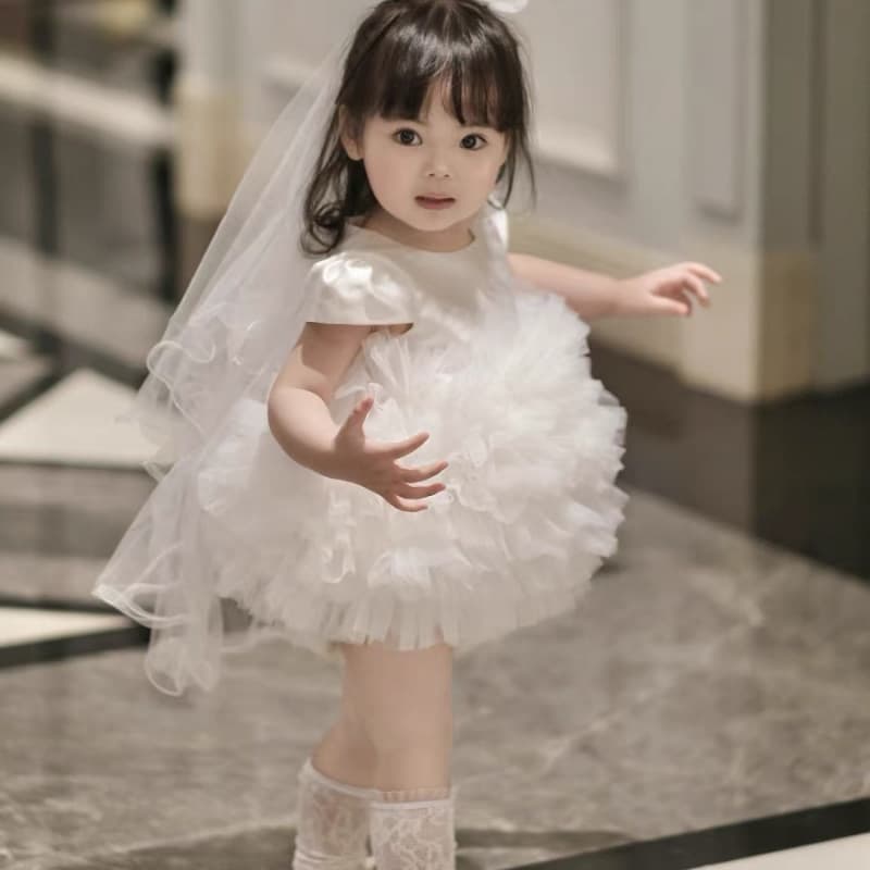 White Summer Dress for Girls First Birthday Flower Girl Wedding Dress Baby Princess Short Sleeve Tutu Dress