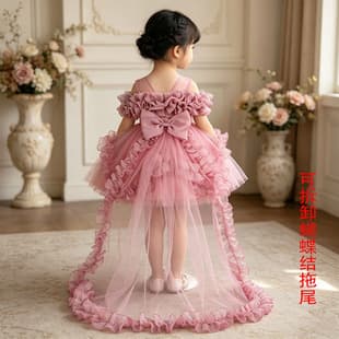 Girls One-Shoulder Detachable Train Dress Summer Flower Girl Wedding Piano Performance Birthday Dress