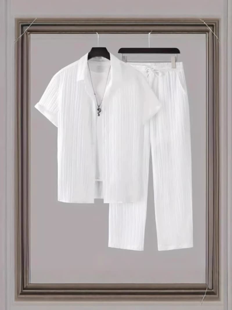 2025 Amazon Cross-border Men's Striped Short-sleeve Shirt with Button-down Collar and Drawstring Long Pants Set, Black