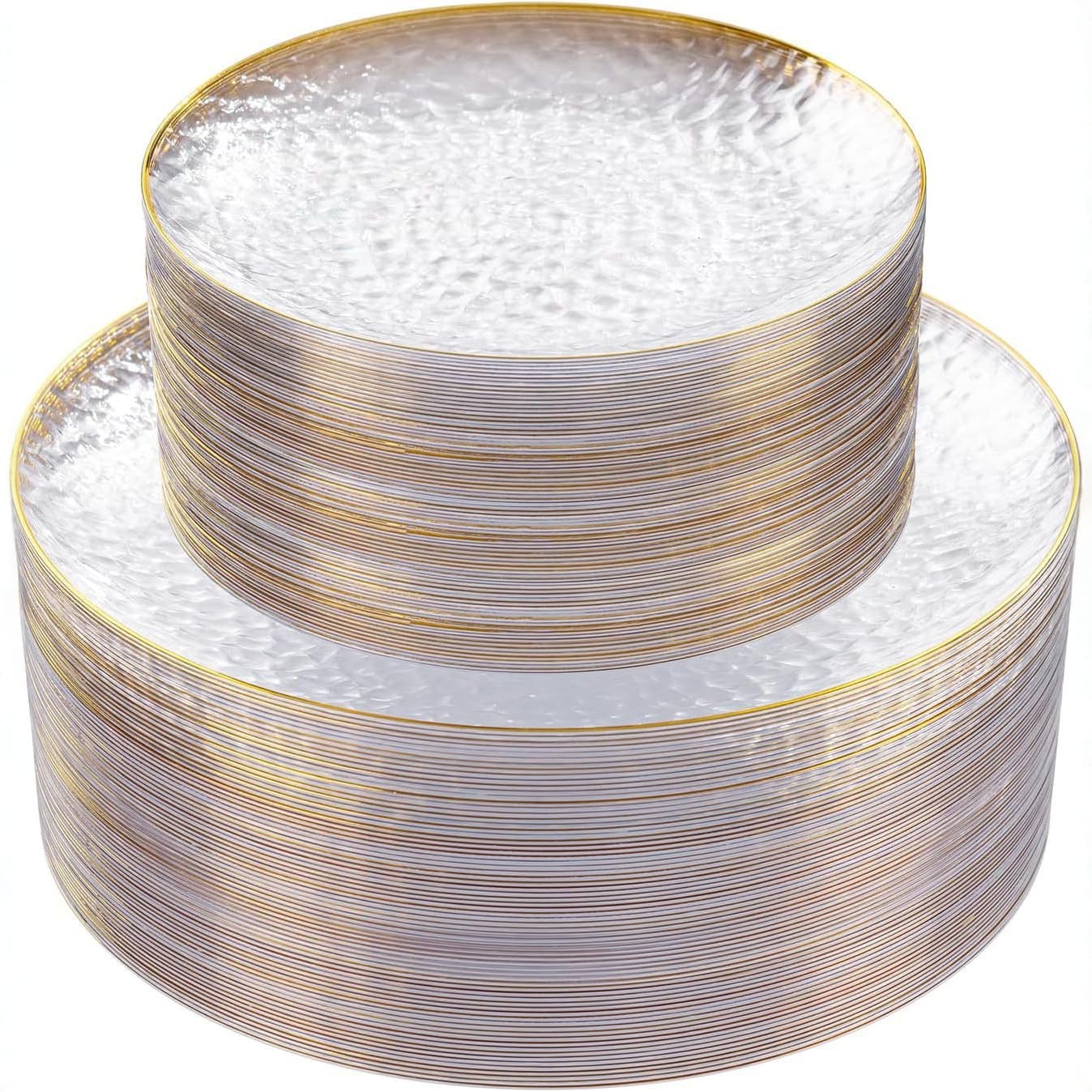 Plastic Disposable Tableware Transparent Gold Plate Hammered Plate Pink Gold Rim Satin Plate Hot Stamping Gold Edge Hammered Party Plate