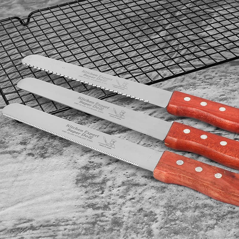 Wooden Handle Stainless Steel Serrated Bread Knife Baking Cake Cutter Layered Fine Tooth Toast Bread Tool